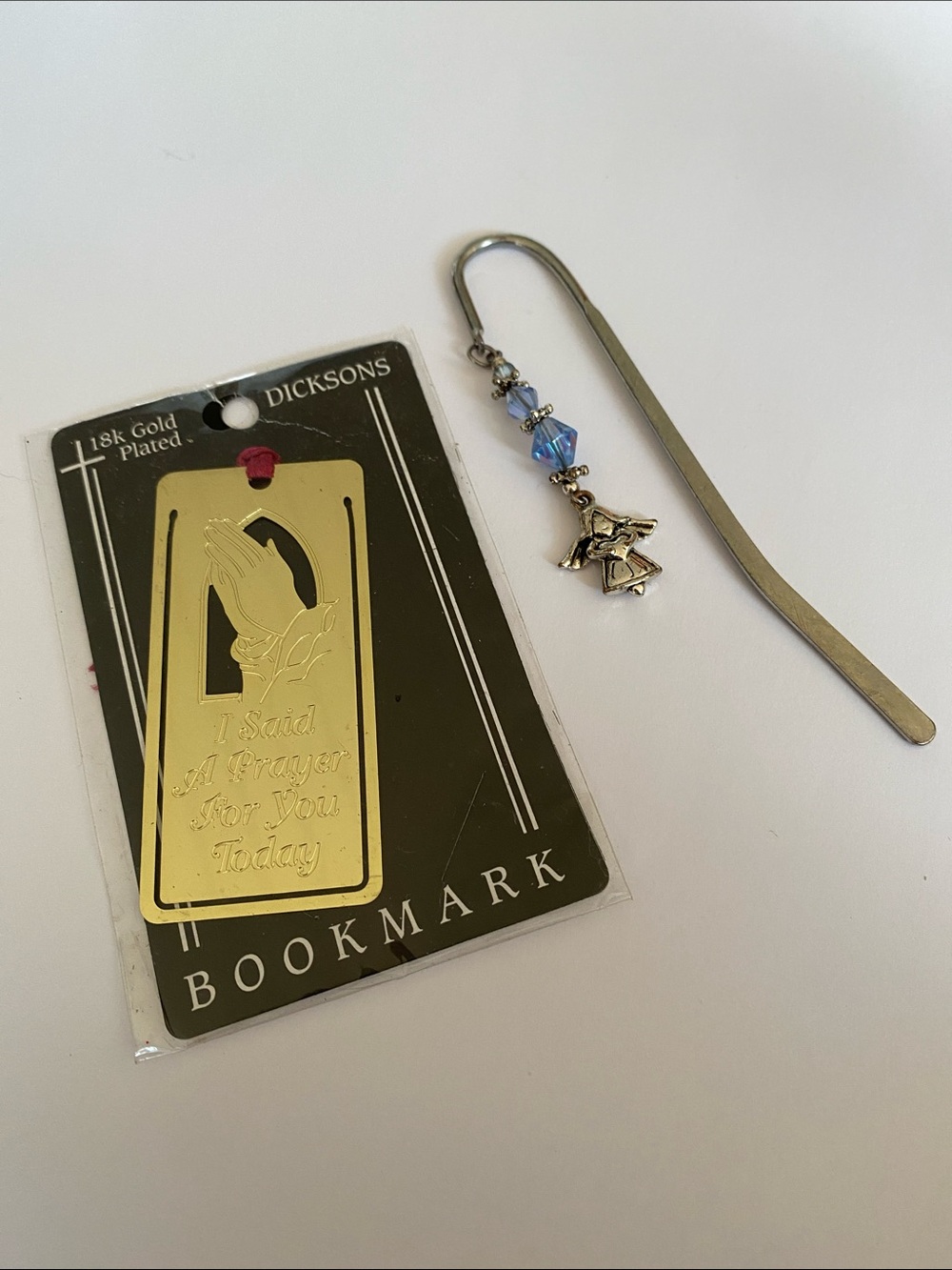 Gold-Plated Prayer Bookmark and Silver Angel Beaded Bookmark - Blue